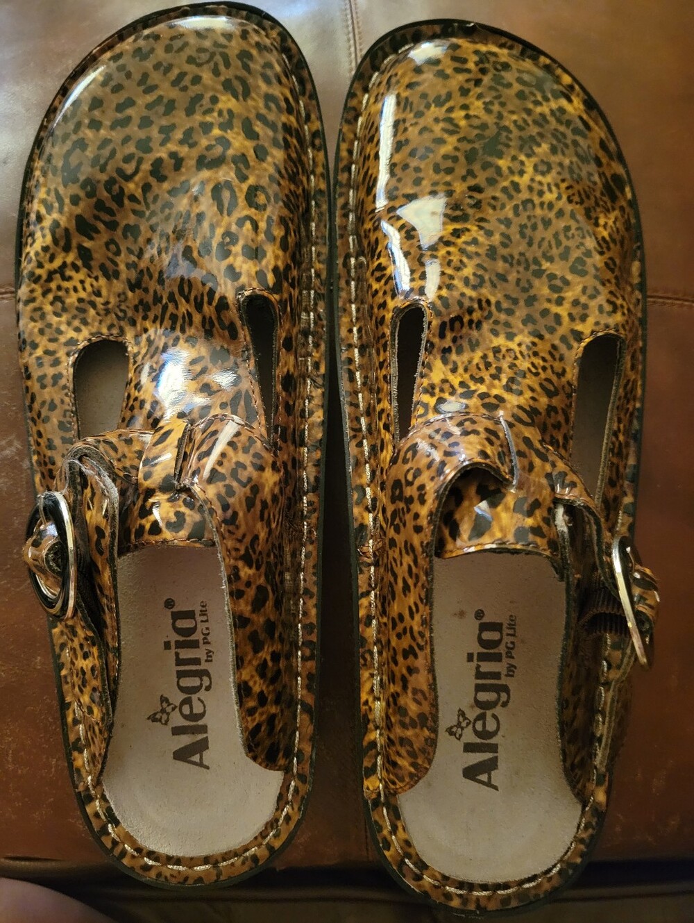 Alegria Leopard-Print Patent Clogs in Brown and Black